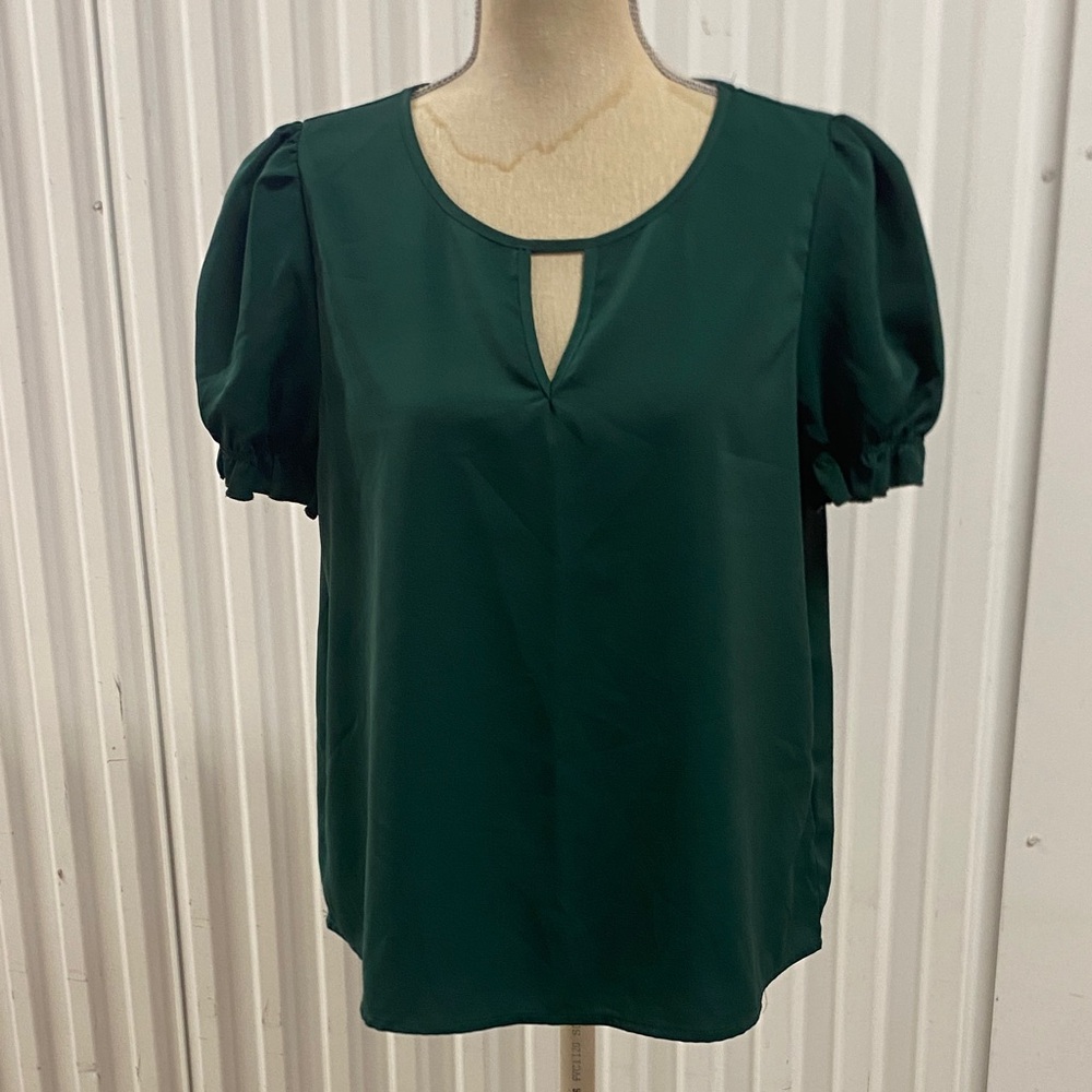 SHEIN Dark Green Puff Sleeve Keyhole Blouse